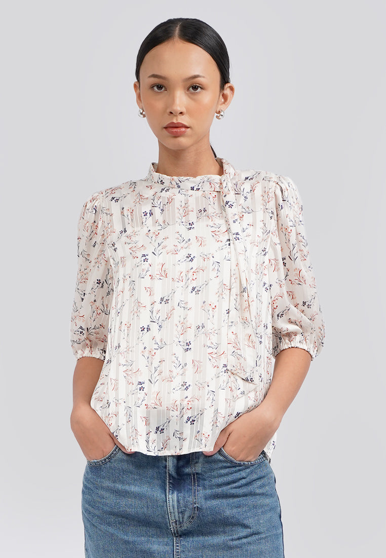 Floral Puff Sleeve Tie Up Blouse
