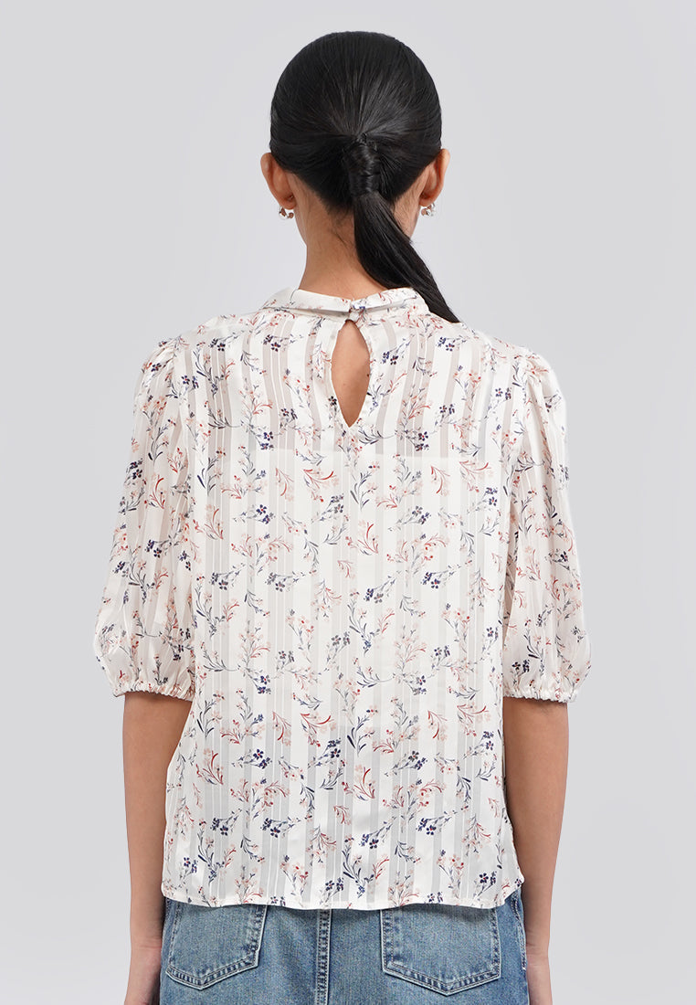 Floral Puff Sleeve Tie Up Blouse