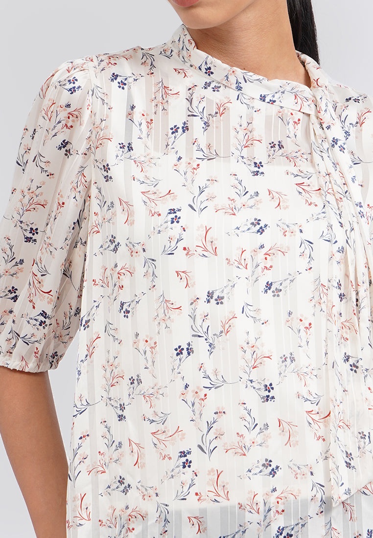 Floral Puff Sleeve Tie Up Blouse