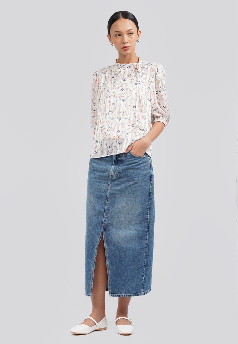 Floral Puff Sleeve Tie Up Blouse