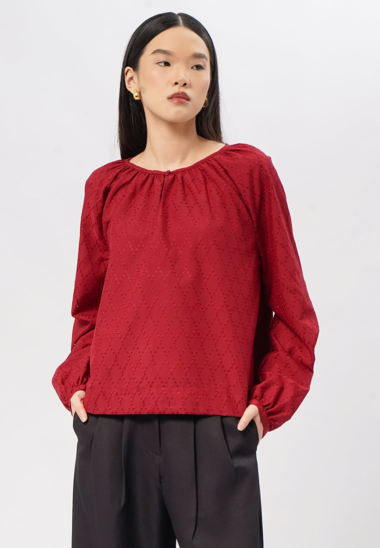 Puff Sleeves Eyelet Blouse Red