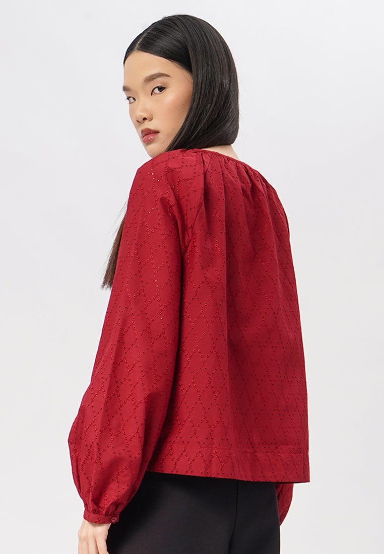 Puff Sleeves Eyelet Blouse Red