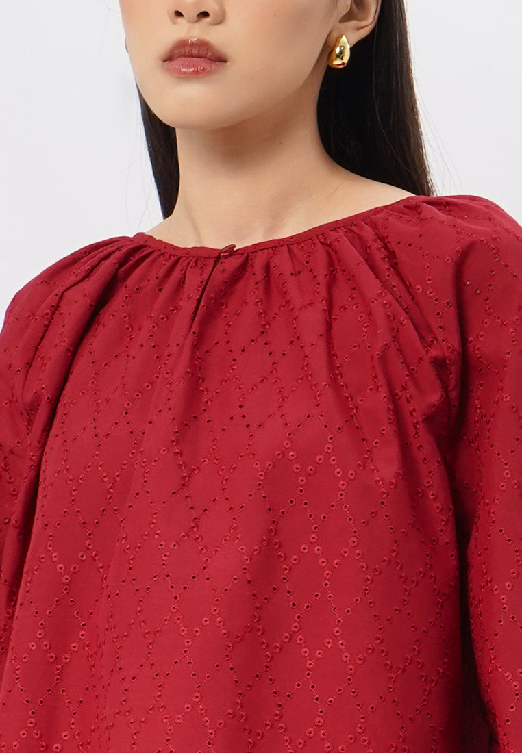 Puff Sleeves Eyelet Blouse Red