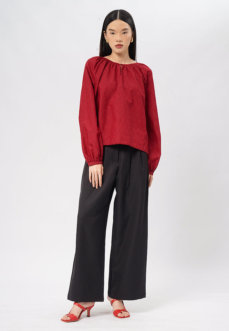 Puff Sleeves Eyelet Blouse Red