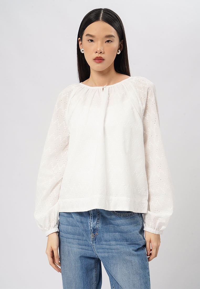Puff Sleeves Eyelet Blouse Off White