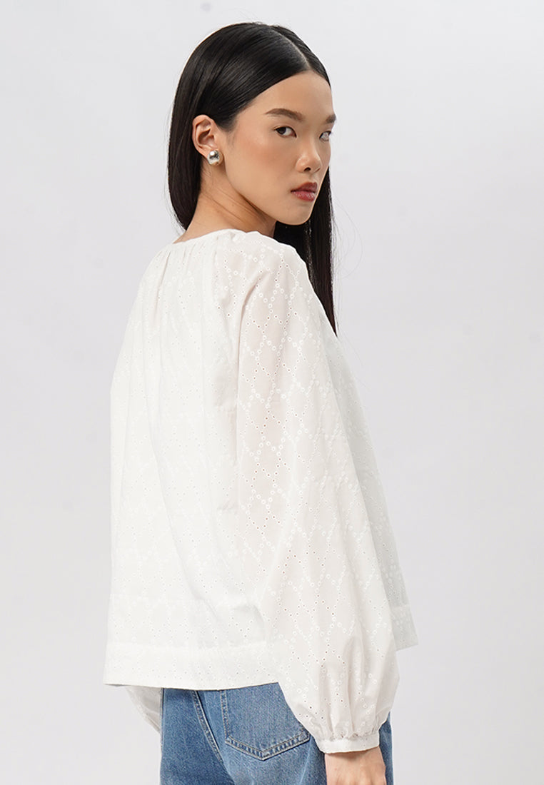 Puff Sleeves Eyelet Blouse Off White