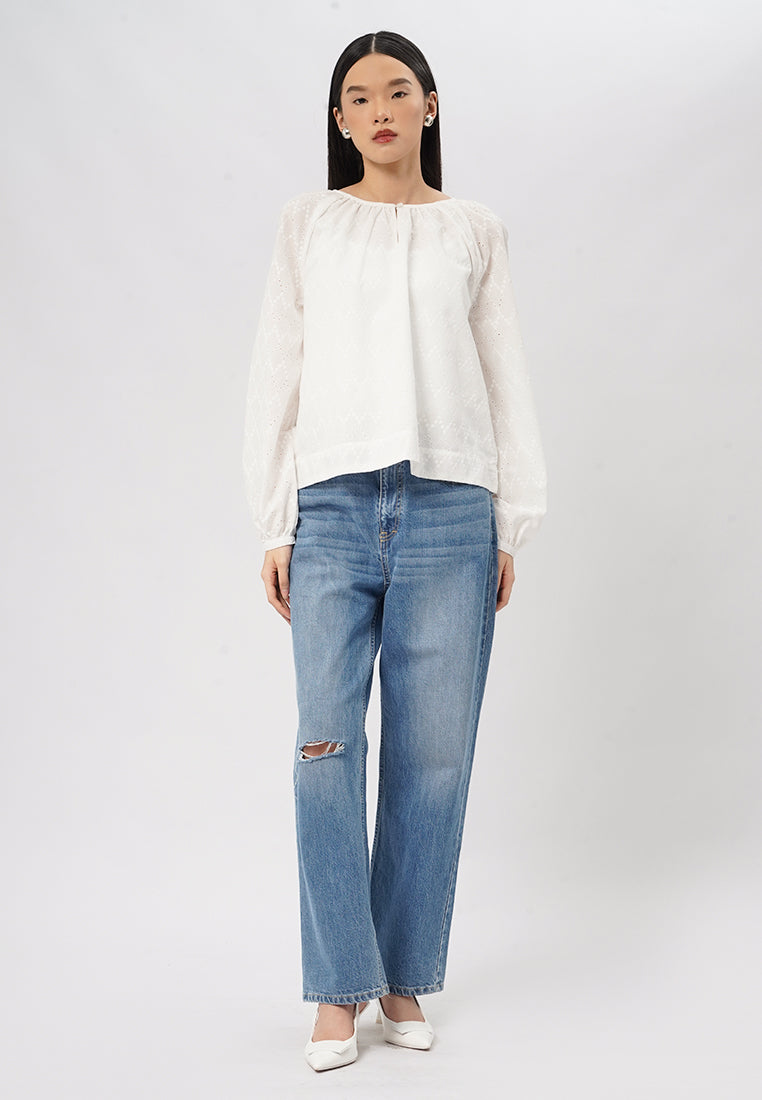 Puff Sleeves Eyelet Blouse Off White