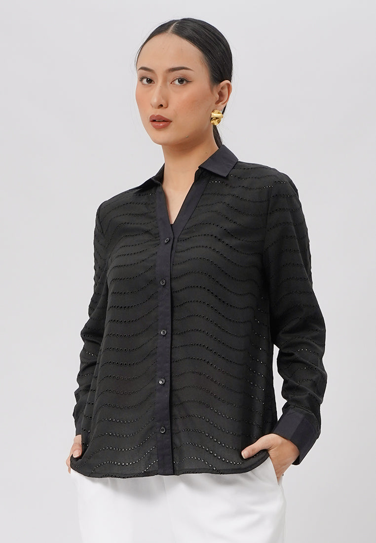 Oversized Long Sleeve Eyelet Shirt Black
