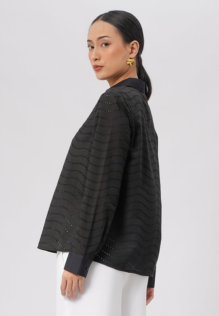 Oversized Long Sleeve Eyelet Shirt Black