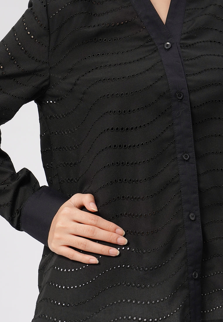 Oversized Long Sleeve Eyelet Shirt Black