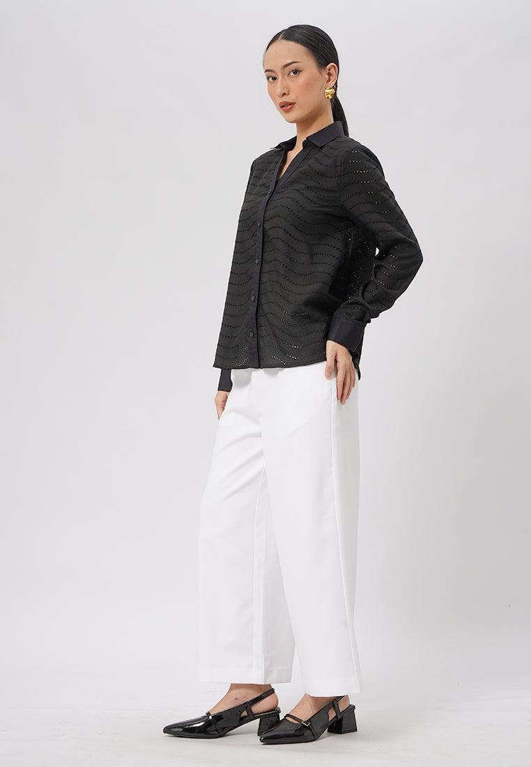 Oversized Long Sleeve Eyelet Shirt Black