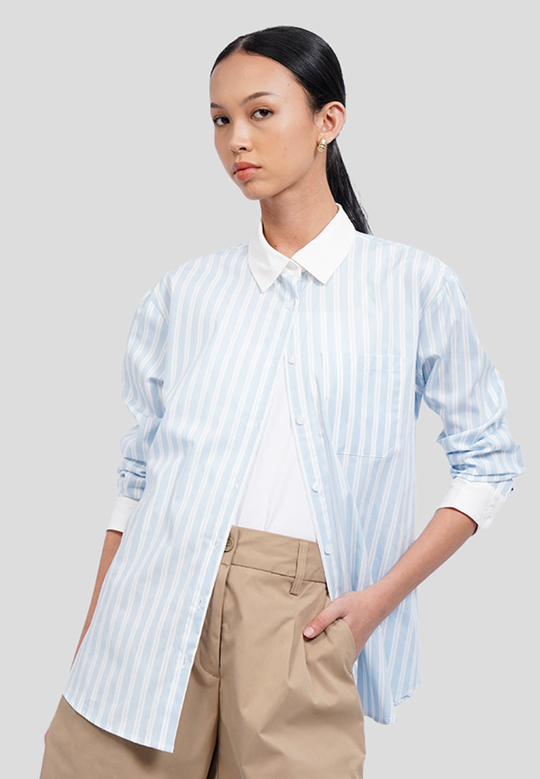 Contrast Collar Long Sleeve Stripes Shirt