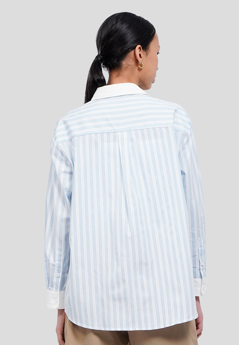 Contrast Collar Long Sleeve Stripes Shirt