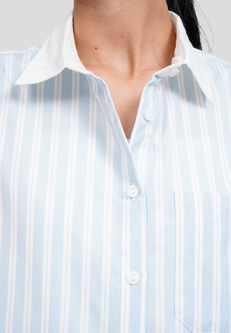 Contrast Collar Long Sleeve Stripes Shirt
