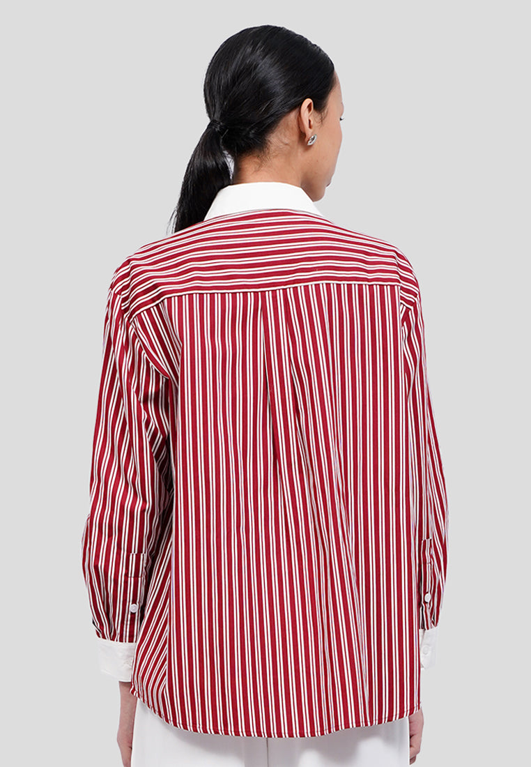 Contrast Collar Long Sleeve Stripes Shirt