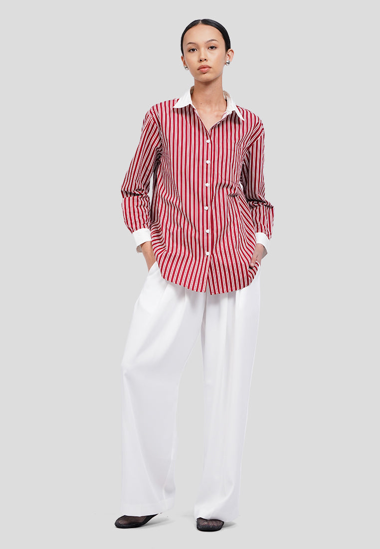Contrast Collar Long Sleeve Stripes Shirt