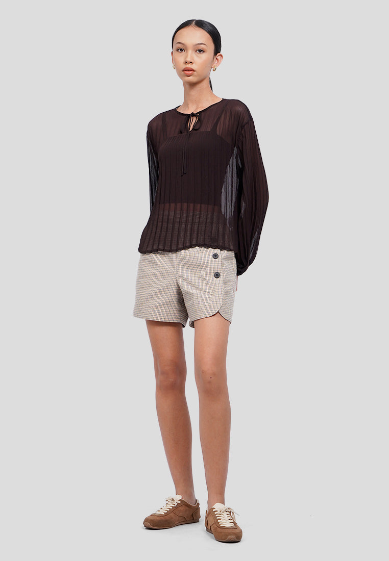 Front Tie Long Sleeve Sheer Blouse