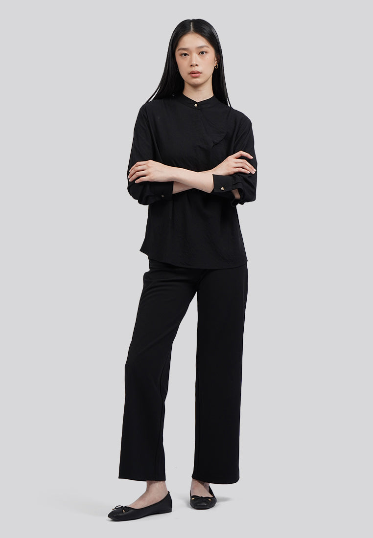 Draped Panel Long Sleeve Loose Blouse