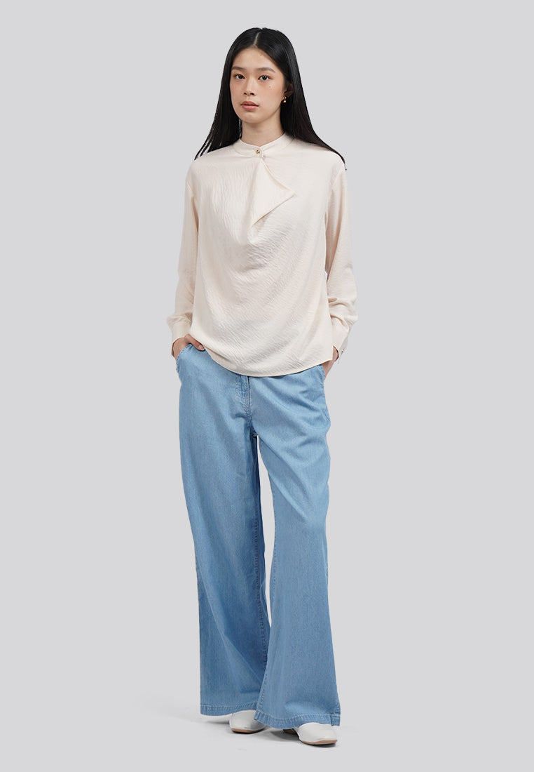 Draped Panel Long Sleeve Loose Blouse