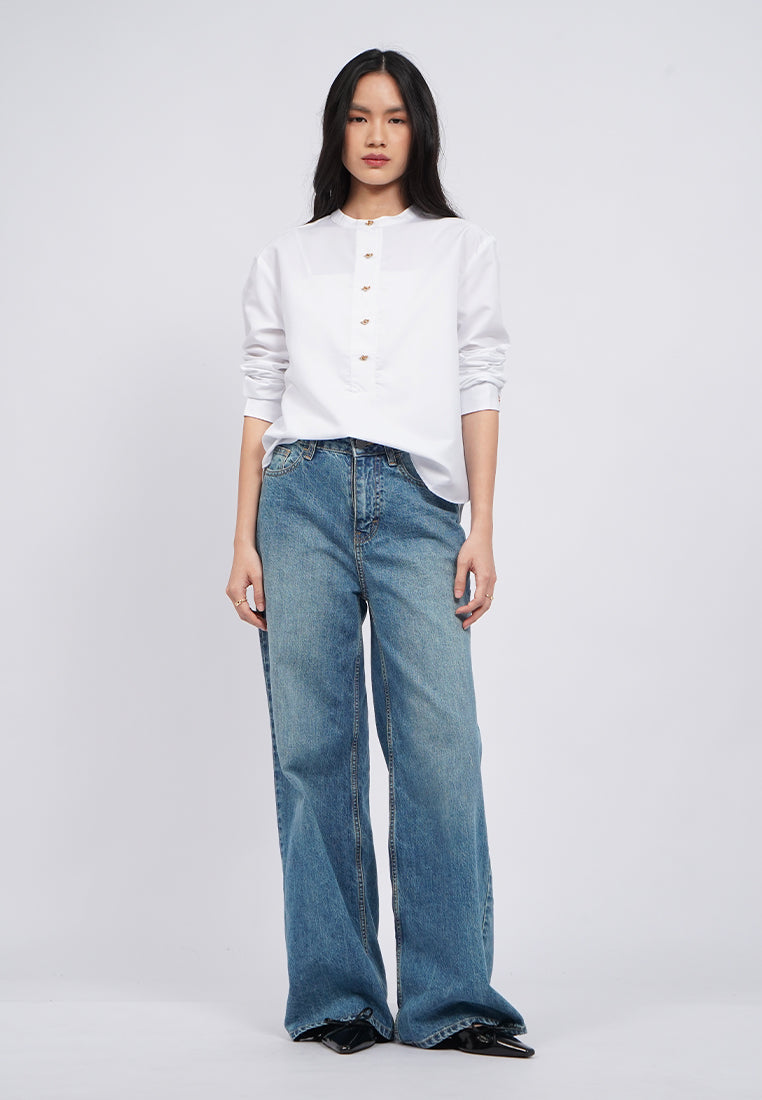 Half Placket Long Sleeve Blouse