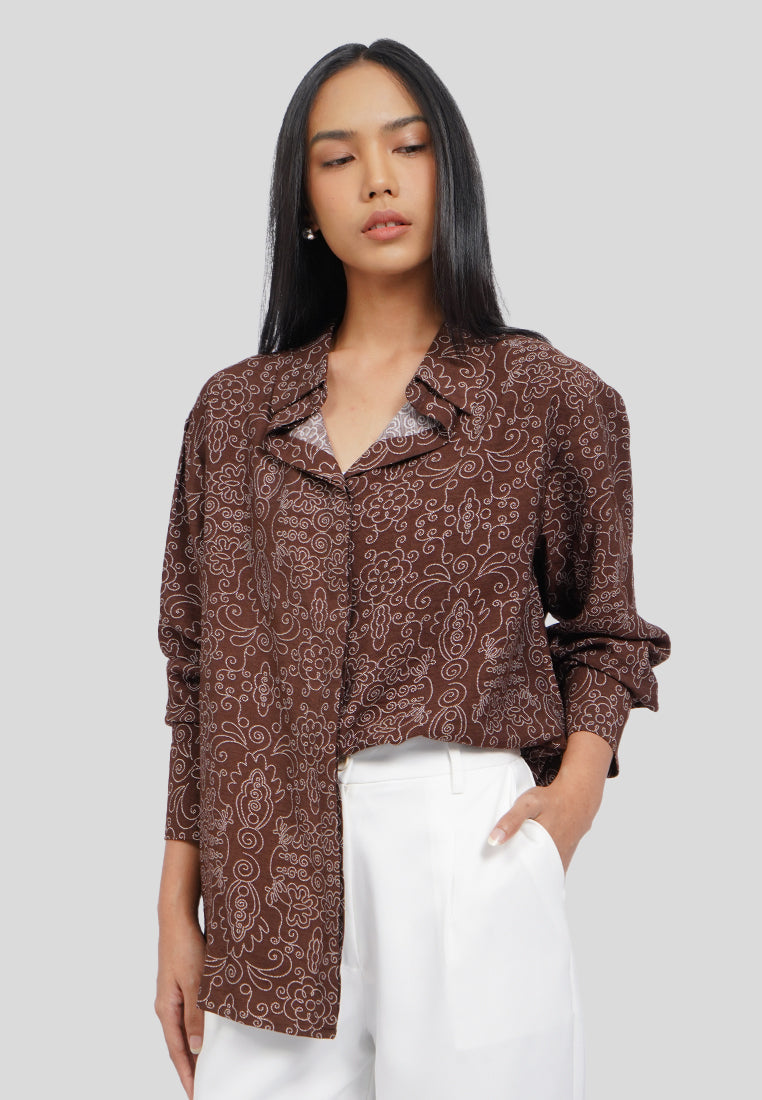 Draped Collar Printed Blouse