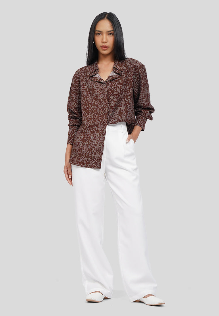Draped Collar Printed Blouse