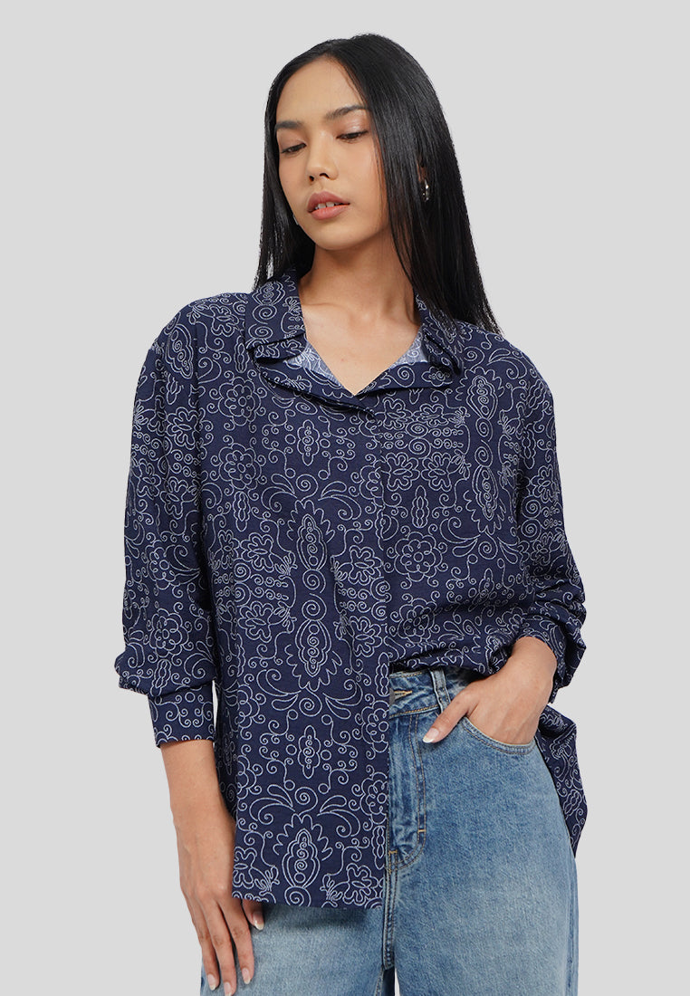Draped Collar Printed Blouse