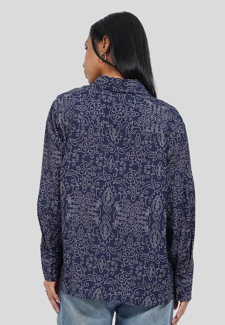 Draped Collar Printed Blouse