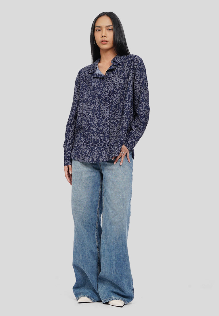 Draped Collar Printed Blouse