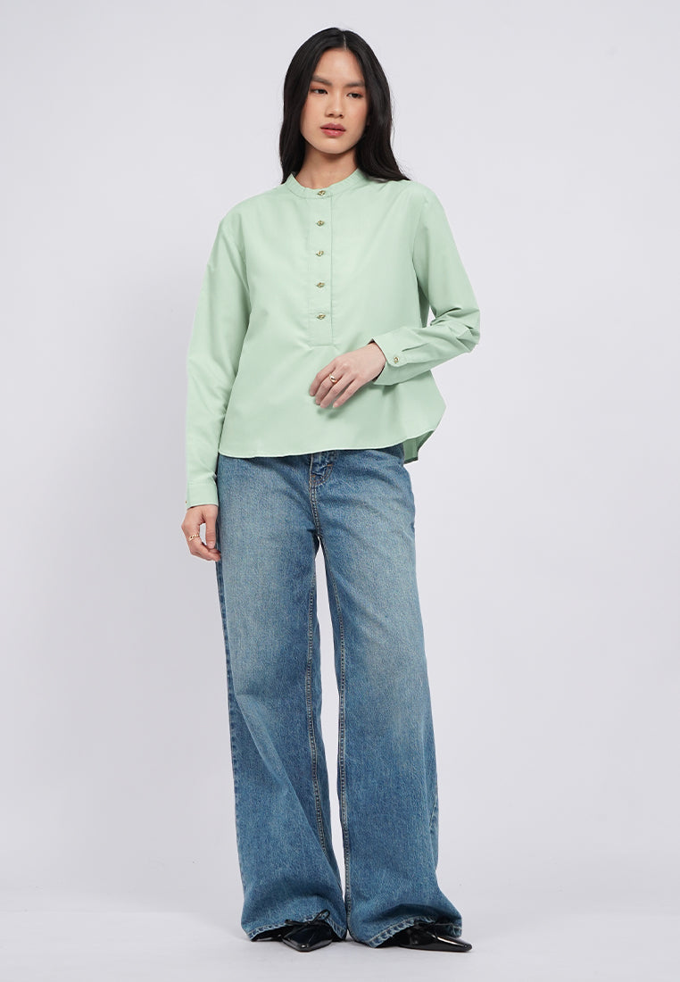 Half Placket Long Sleeve Blouse
