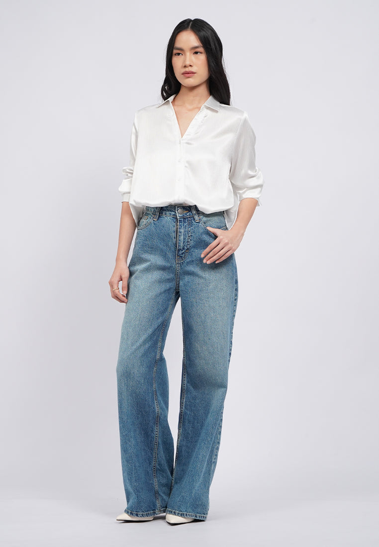 V-Neck Long Sleeve Satin Blouse