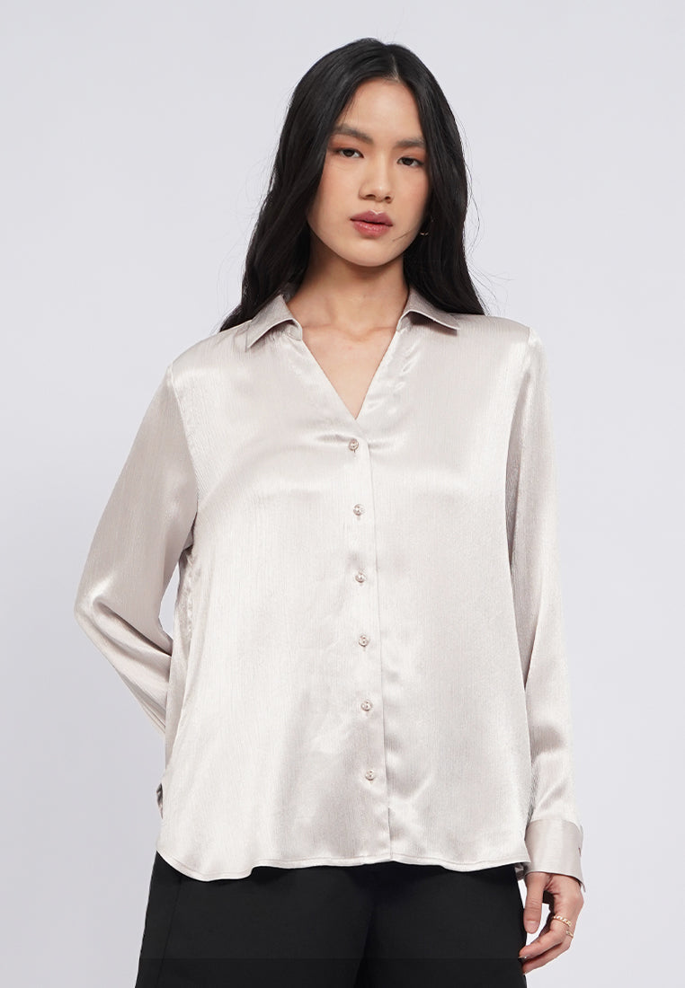 V-Neck Long Sleeve Satin Blouse