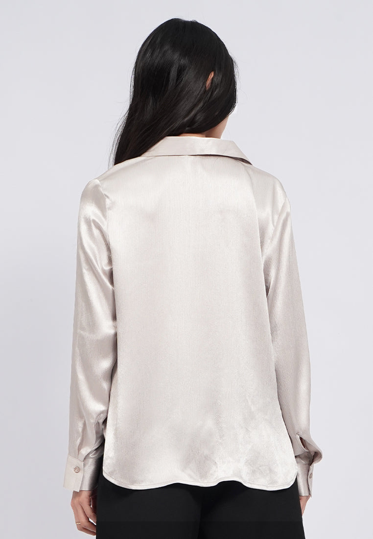 V-Neck Long Sleeve Satin Blouse