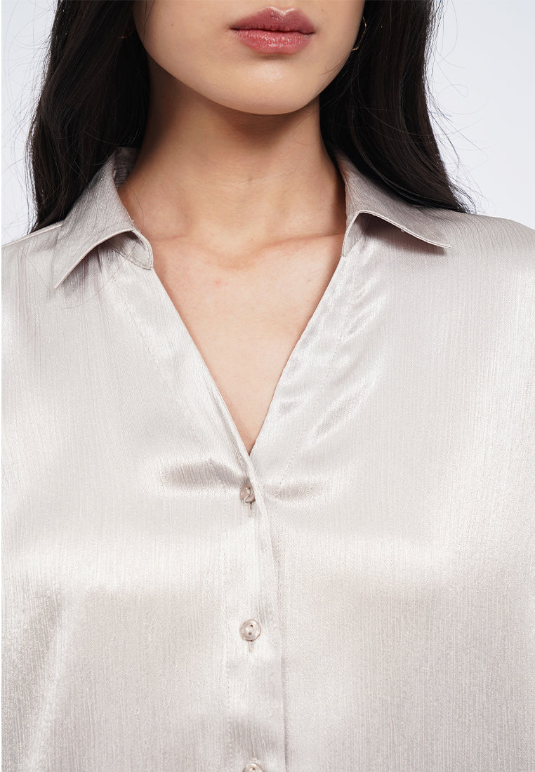 V-Neck Long Sleeve Satin Blouse