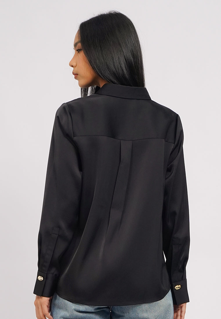 Long Sleeve Satin Shirt with Fancy Button