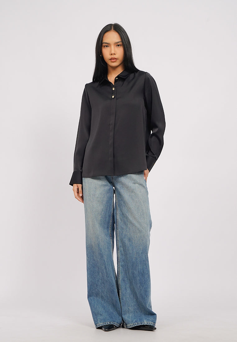 Long Sleeve Satin Shirt with Fancy Button