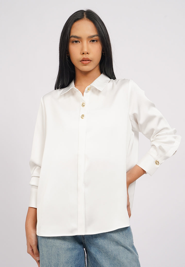 Long Sleeve Satin Shirt with Fancy Button