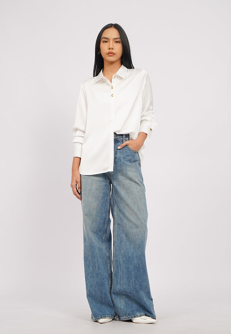 Long Sleeve Satin Shirt with Fancy Button