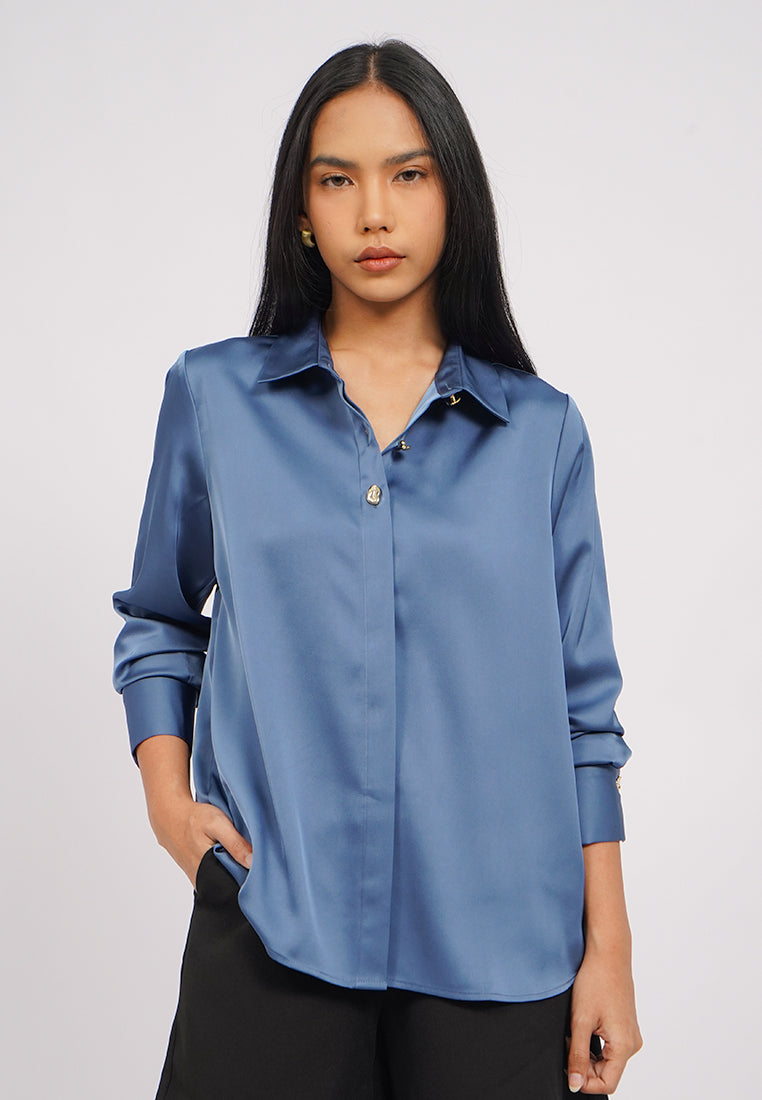 Long Sleeve Satin Shirt with Fancy Button