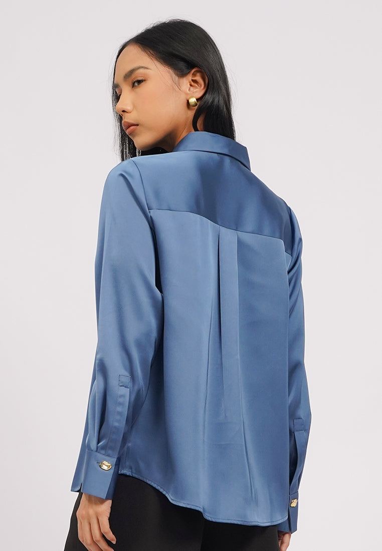 Long Sleeve Satin Shirt with Fancy Button