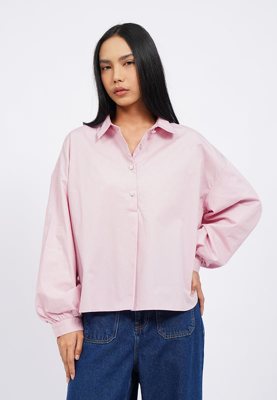 Balloon Sleeve Blouse with Fancy Button