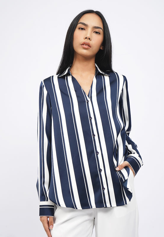 V-Neck Satin Stripes Blouse