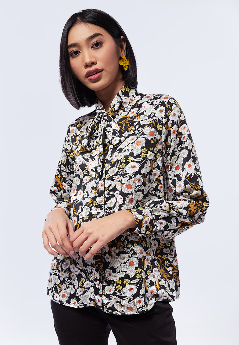 Printed Long Sleeve Blouse with Bow