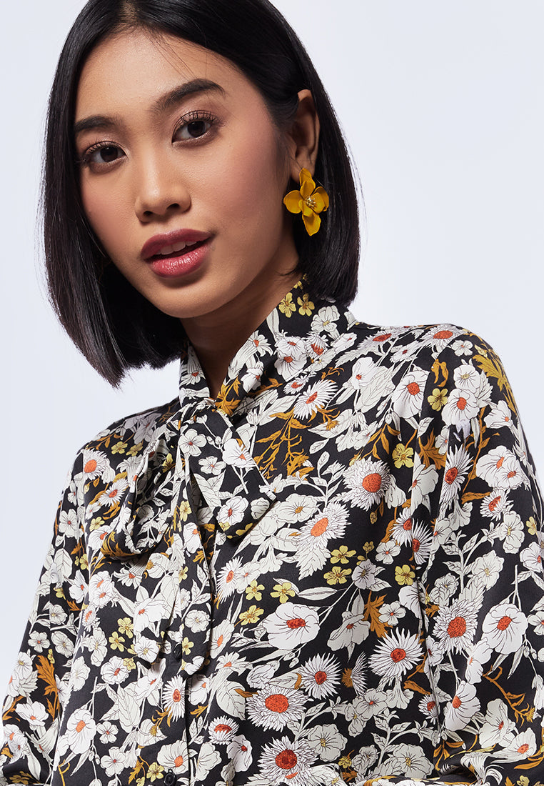 Printed Long Sleeve Blouse with Bow
