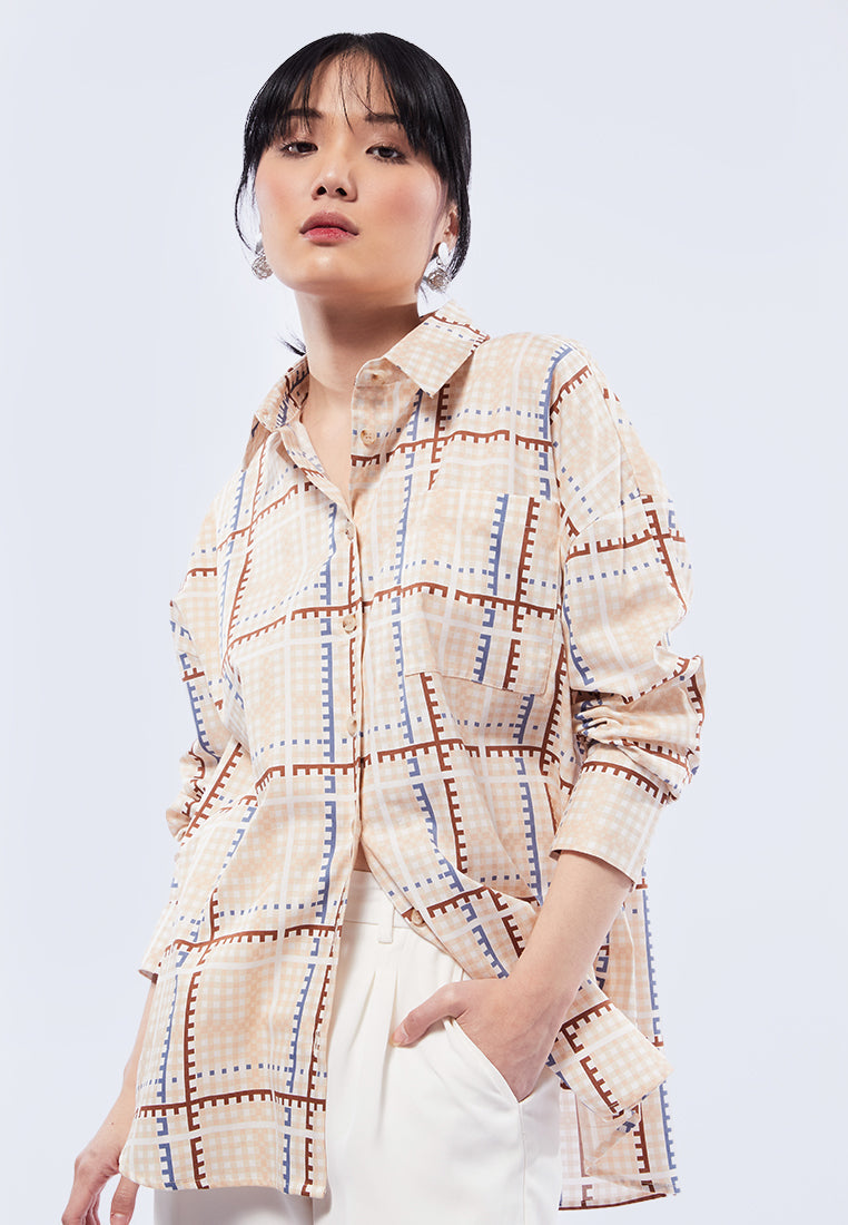 Long Sleeve Printed Twill Blouse