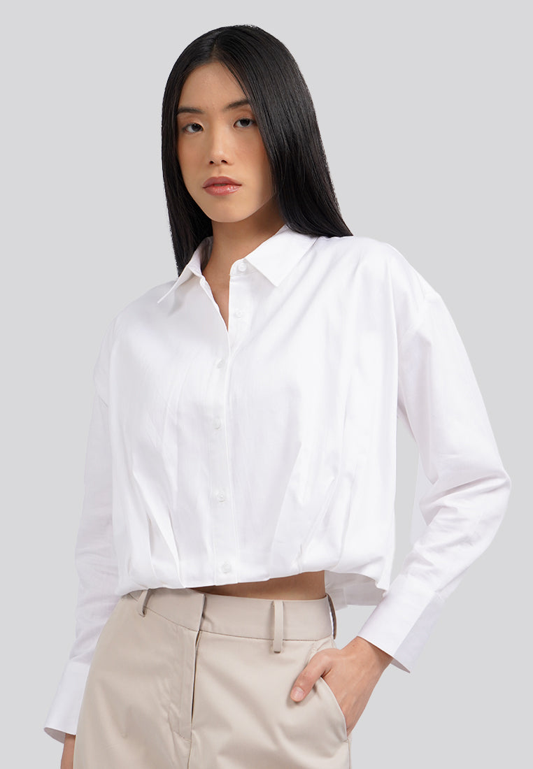 Crop Shirt with Pleated Waist Off White