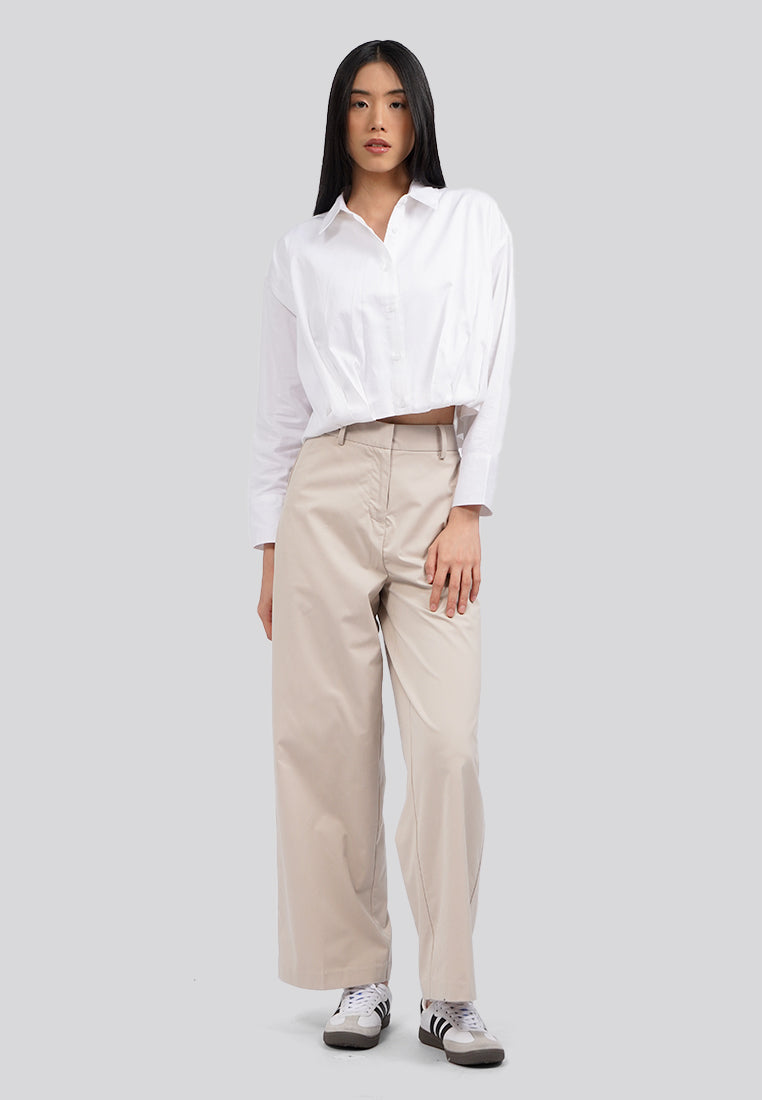 Crop Shirt with Pleated Waist Off White