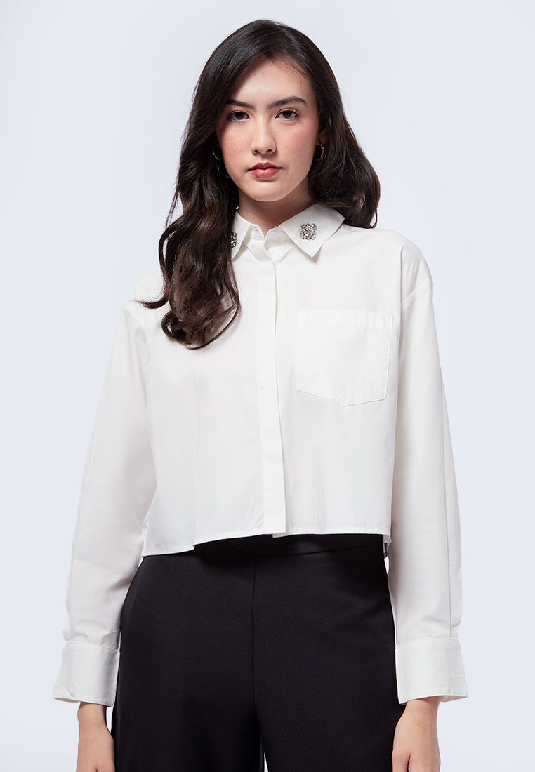Rhinestone Long Sleeve Crop Shirt