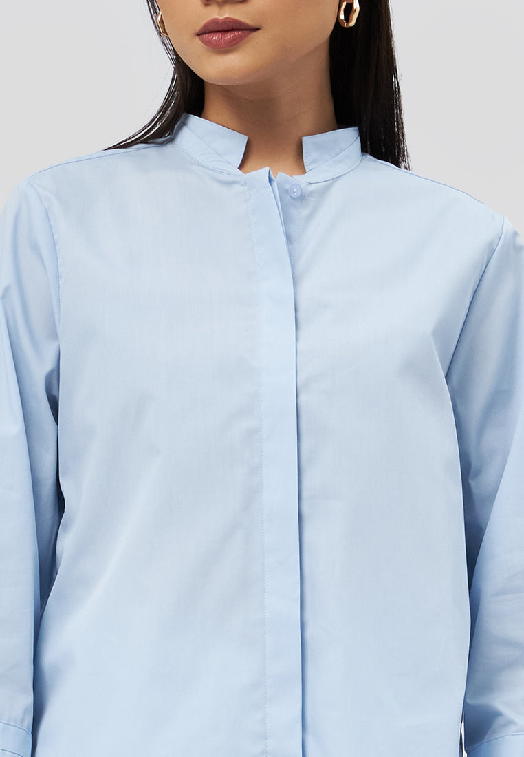 High Neck 7/8 Sleeve Blouse L.Blue