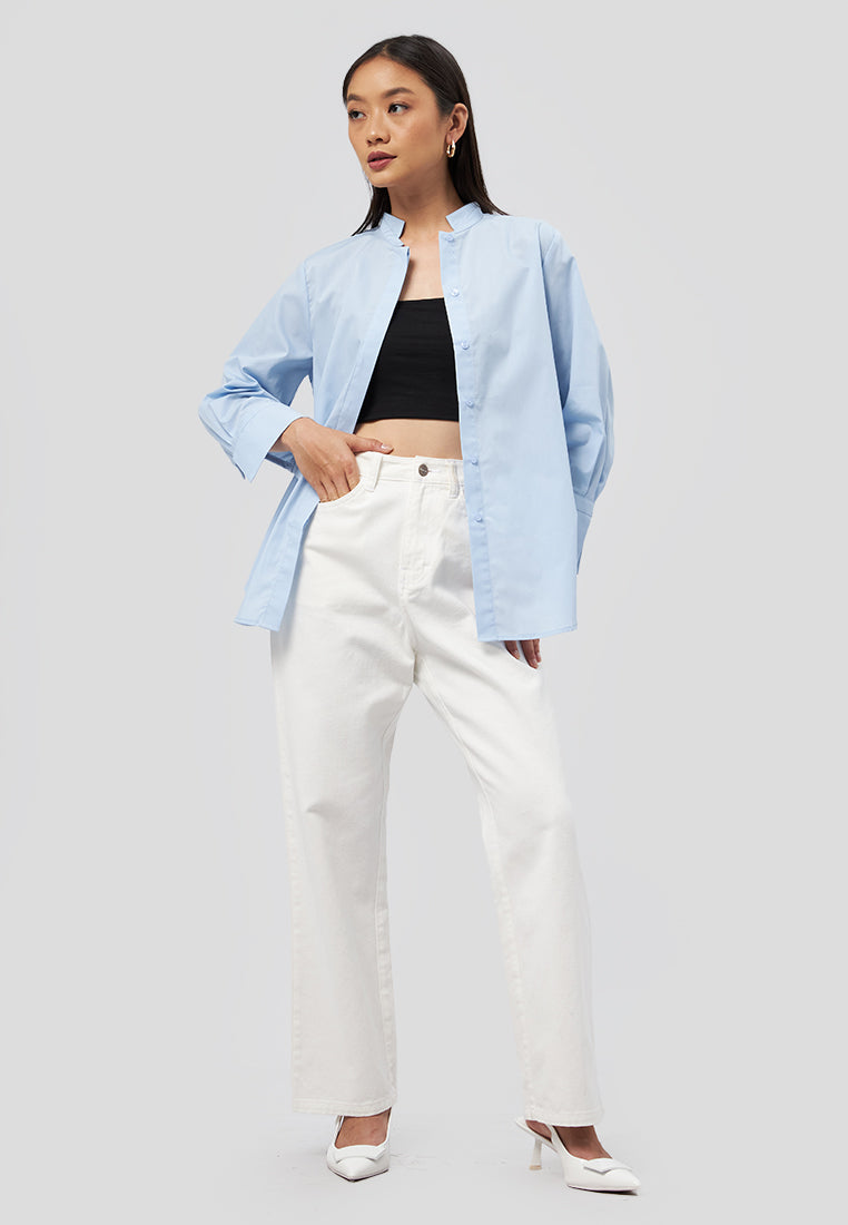 High Neck 7/8 Sleeve Blouse L.Blue